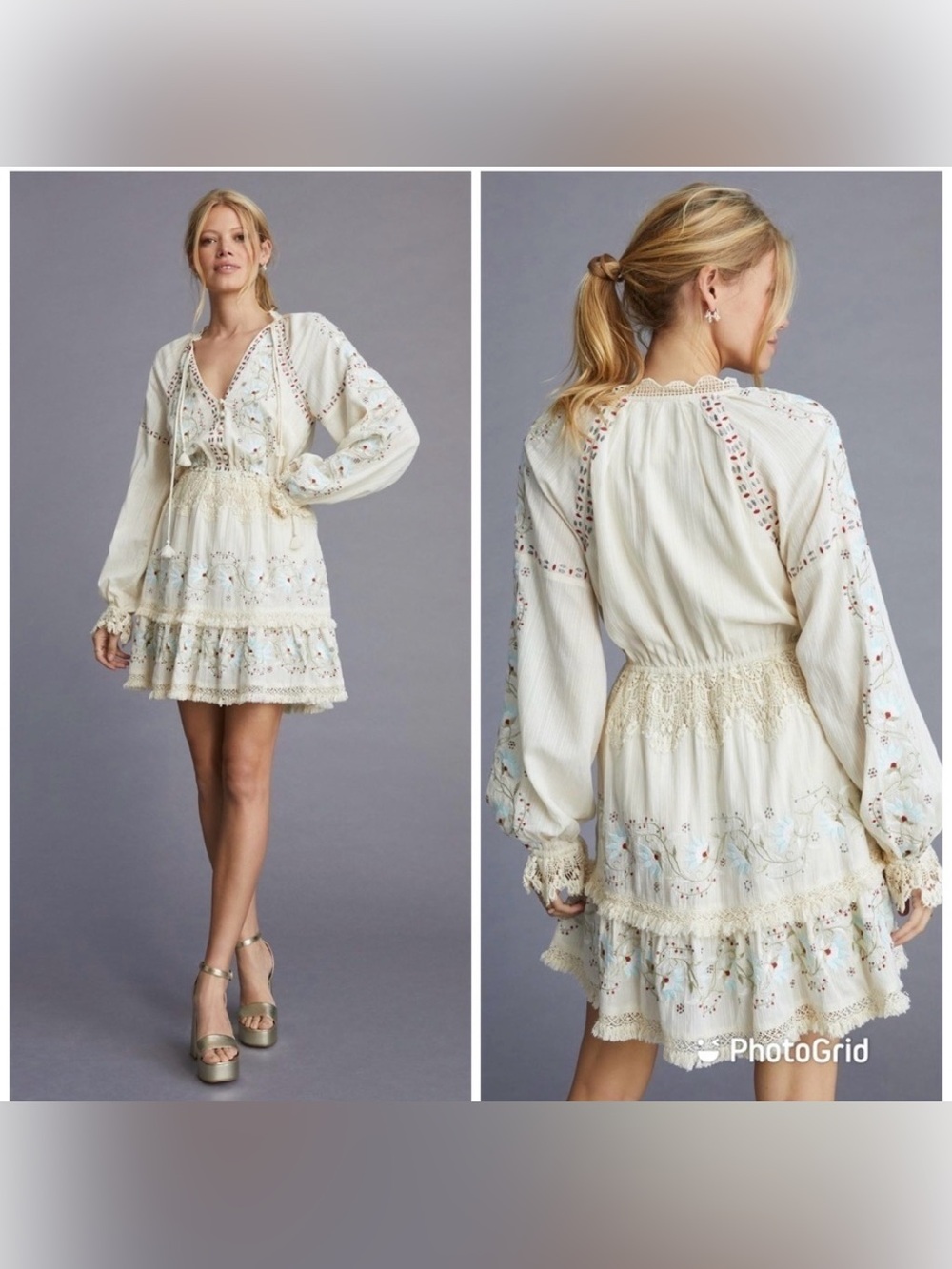 Anthropologie Lace Tunic Dress Creme Embroidered Long Floral Lace Boho Small